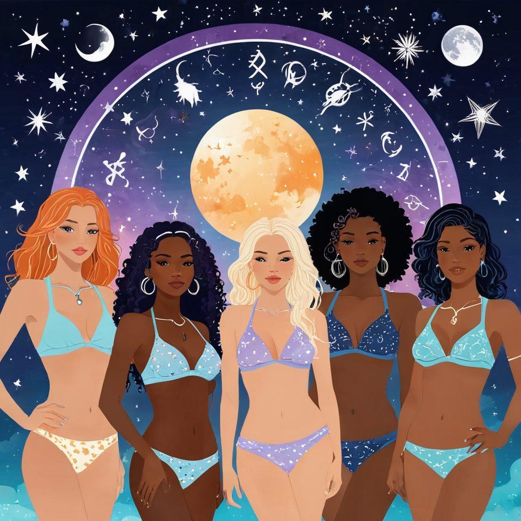 An enchanting illustration of a diverse group of women wearing trendy bikinis, each representing a different zodiac sign through unique color patterns and symbols. The background features a celestial night sky adorned with twinkling stars and astrological constellations, creating an astrological atmosphere. Each woman is given distinct hairstyles inspired by their zodiac traits, adding personality and flair. Soft pastel colors blend harmoniously to enhance the dreamy vibe of the setting. vector art. vibrant colors. celestial theme.