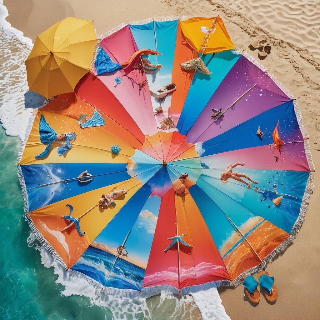 A dreamy beach scene featuring twelve stylish beachwear outfits, each representing a different zodiac sign, displayed on colorful beach umbrellas. Include zodiac-themed accessories like star necklaces and constellation-patterned towels. Create a bright sunlit atmosphere with gentle waves in the background and a clear blue sky. Capture the essence of relationships through playful couples lounging together. vibrant colors. super-realistic.